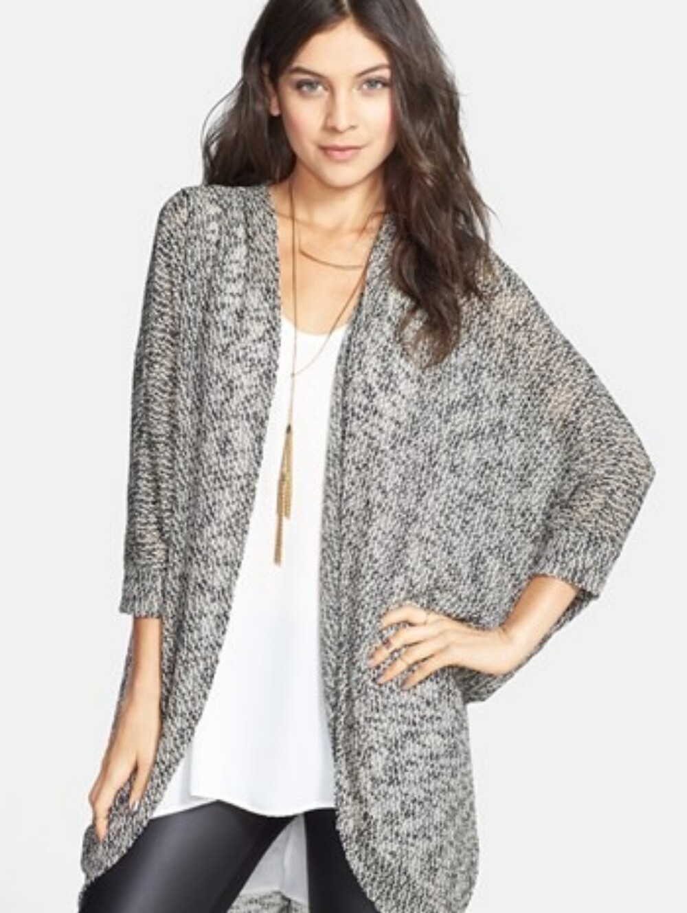 Painted Threads Black & White Open-Front Batwing Sleeve Sheer Knit Cardigan Sz M